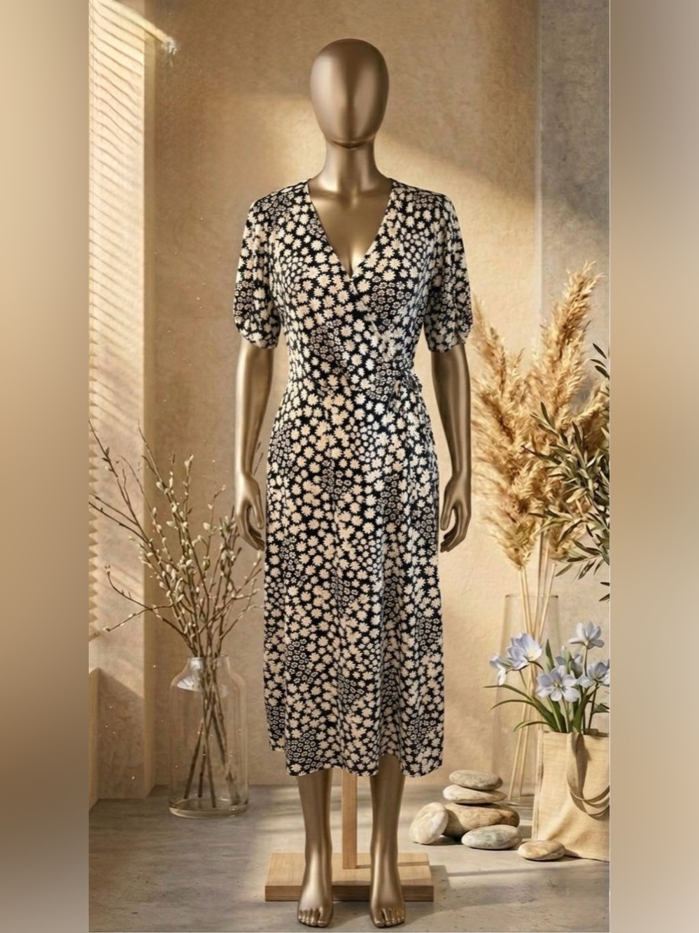 Lush Black Midi Wrap Dress with Cream Floral Print